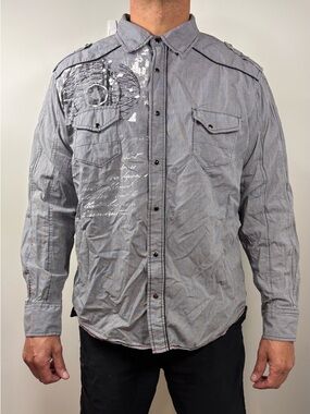 Decree Y2K Western Graphic Snap Button Shirt Men’s XXL Tattoo Style